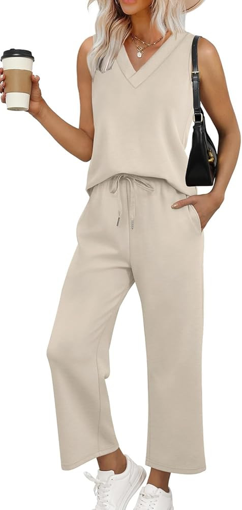 WIHOLL Two Piece Sets for Women Summer Outfits Matching Lounge Sets Wide Leg Crop Pants Vacation ... | Amazon (US)