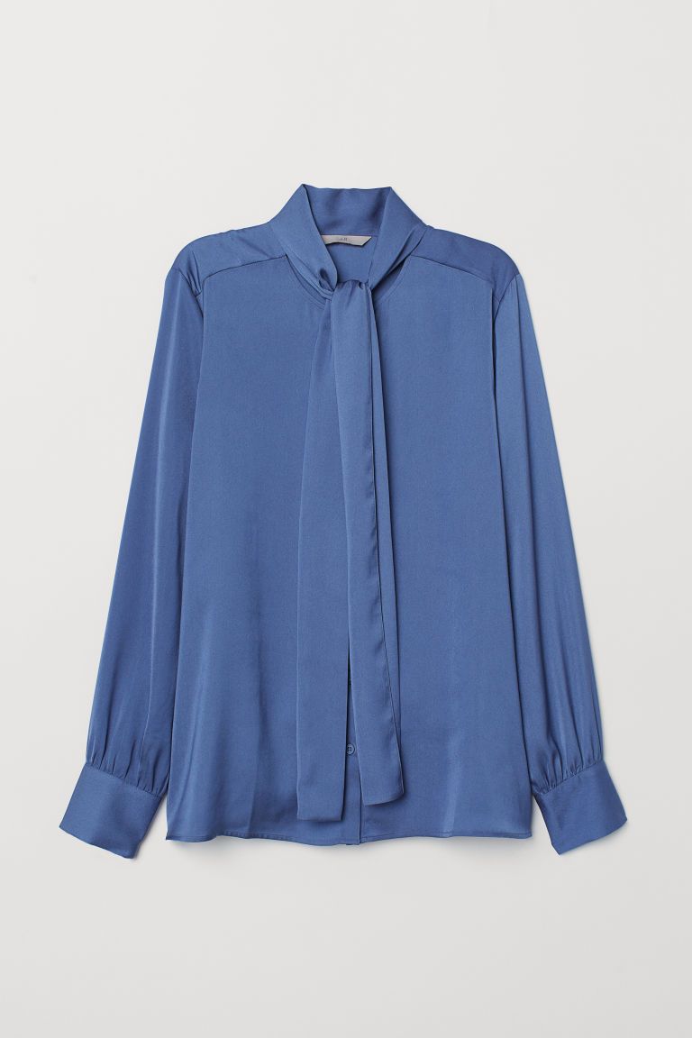 H & M - Blouse with Tie Collar - Blue | H&M (US + CA)