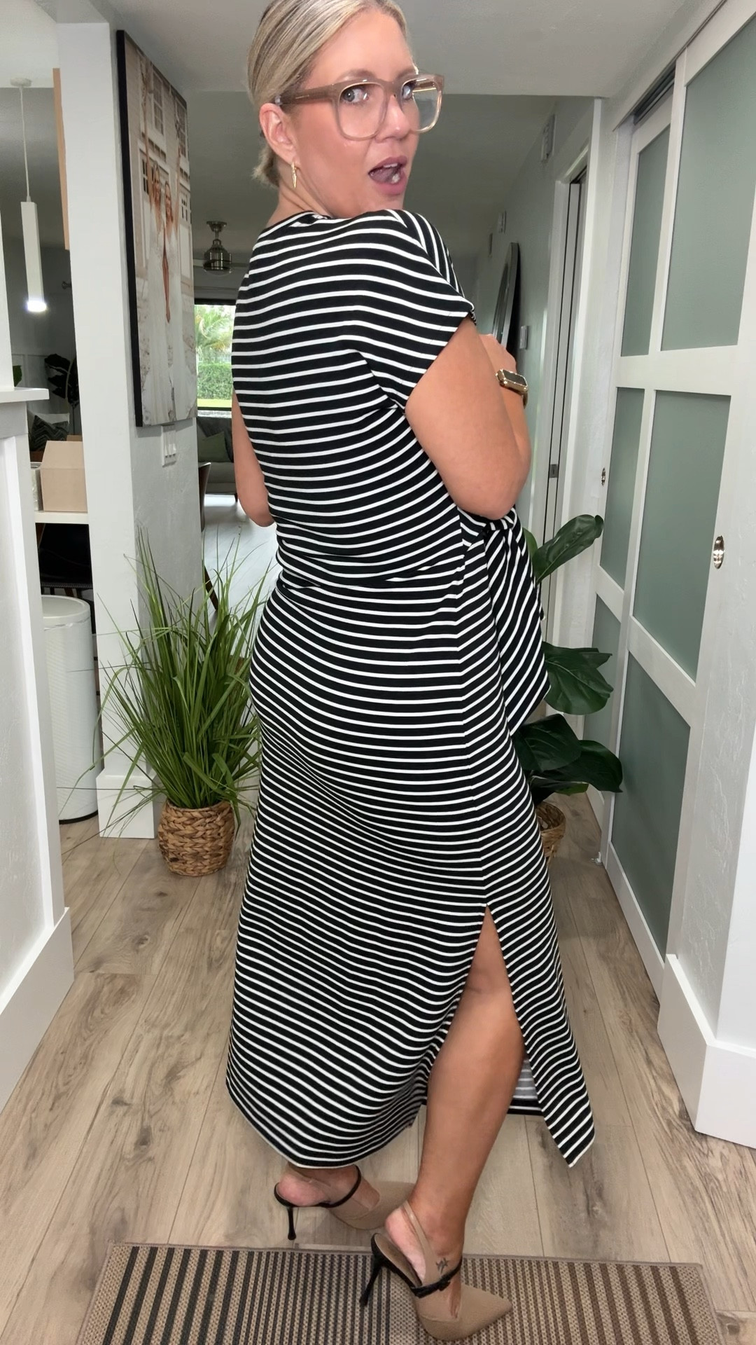 I’m absolutely in love with this AirEssentials Tie-Waist Maci Dress from Spanx! It feels amazing! Looks amazing! And I feel like a million bucks in it! This dress will definitely be in my normal rotation!! 
I’m wearing a medium. 

Shoes are from CosyIsland

I’ll link a similar option as well. 

Earrings and ear cuff are both from Melinda Maria. Use code LEEANN for 10% off. 

Spanx find, Spanx dress, workwear dress, workwear style, office attire, black & white stripe, 

#LTKSaleAlert #LTKFindsUnder100 #LTKWorkwear