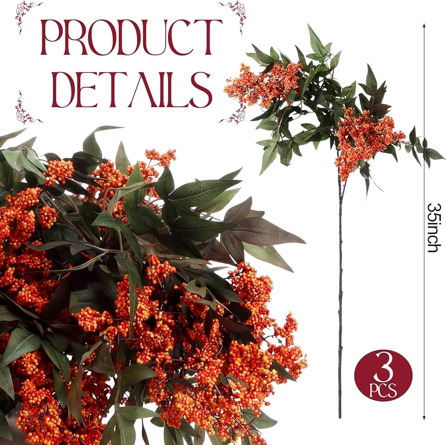 Zeyune 3 Pcs Artificial Berry Stems 35 Inch Orange Fall Decor | Amazon (US)