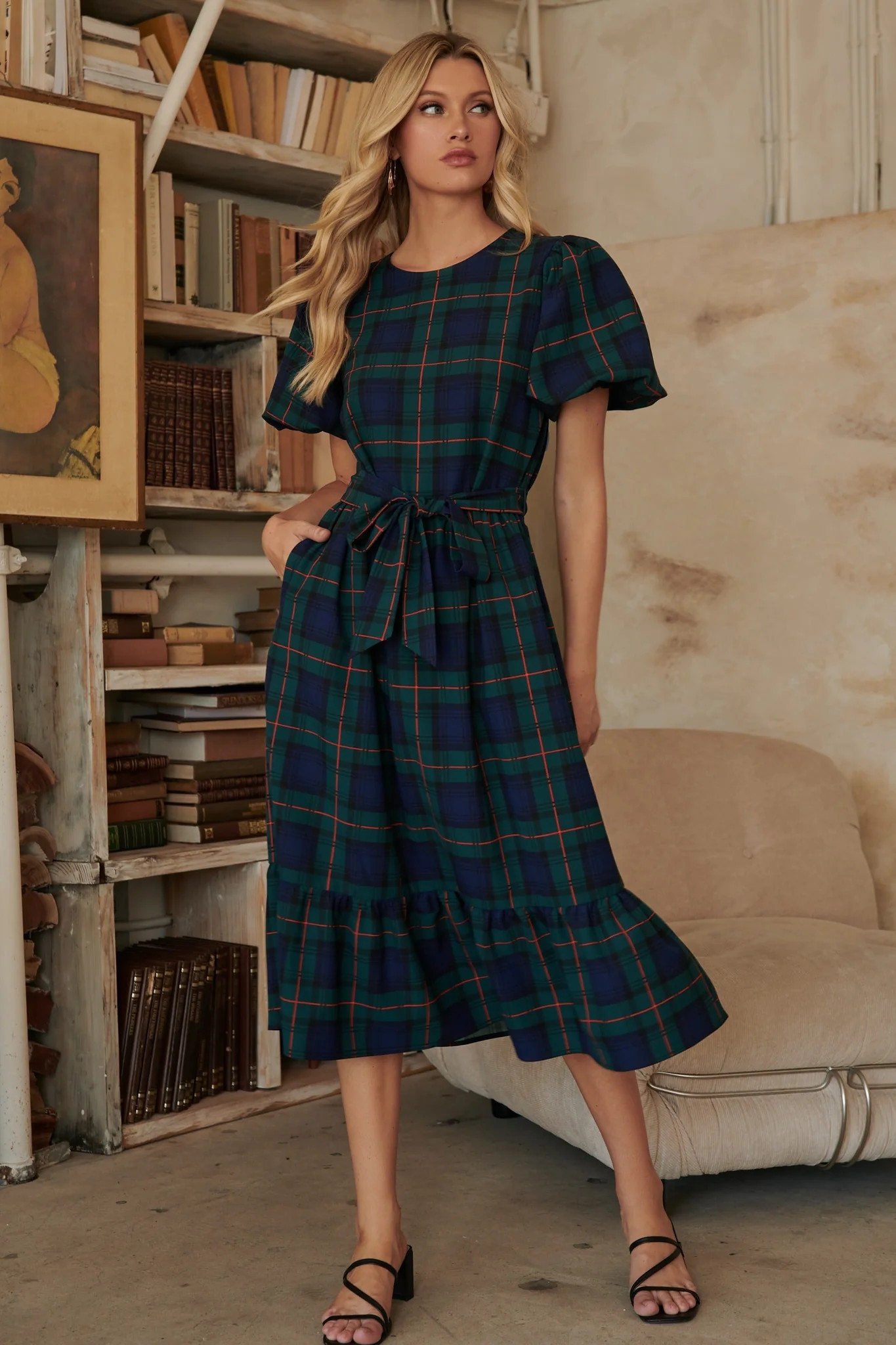 Hudson Plaid Palomino Bubble Sleeve Midi Dress | Sugarlips