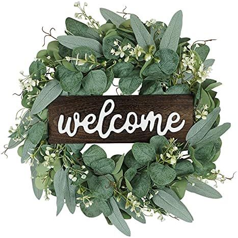 Nicecor Eucalyptus Welcome Wreaths for Front Door, Artificial Green Wreath with Wooden Welcome Si... | Amazon (US)