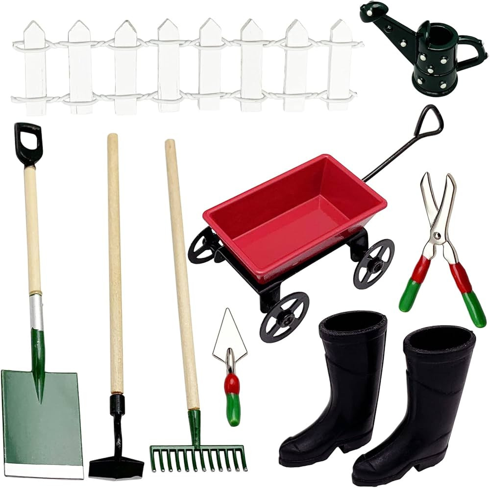 Miniature Fairy Garden Farming Tools, 9 Packs 1:12 Mini Metal Spade Pestle Rake Wagon Kettle Wood... | Amazon (US)