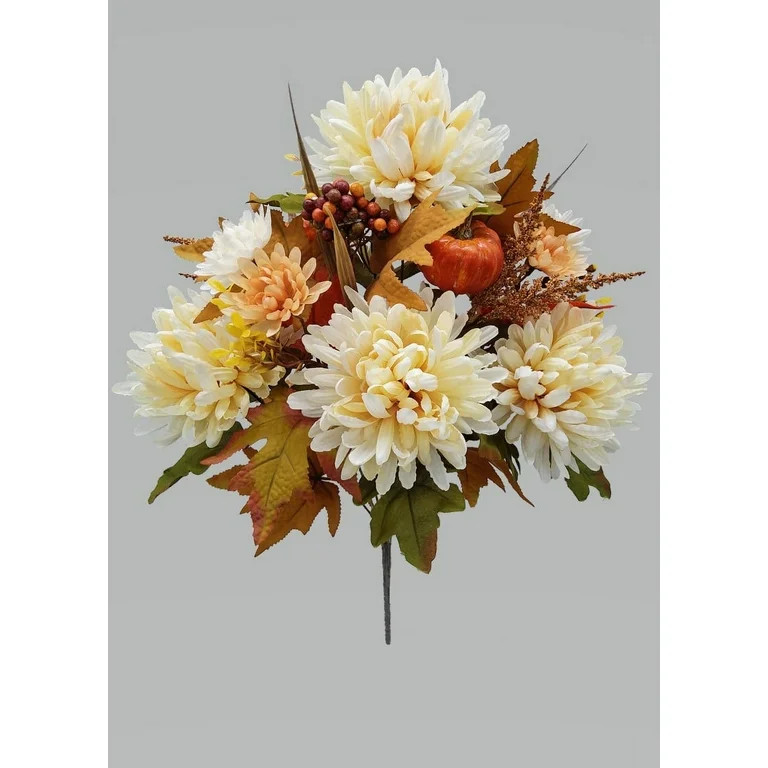 Mainstays 19.25in Indoor Artificial Cream Mum Bouquet, with Pumpkin and Leaves Accent. | Walmart (US)