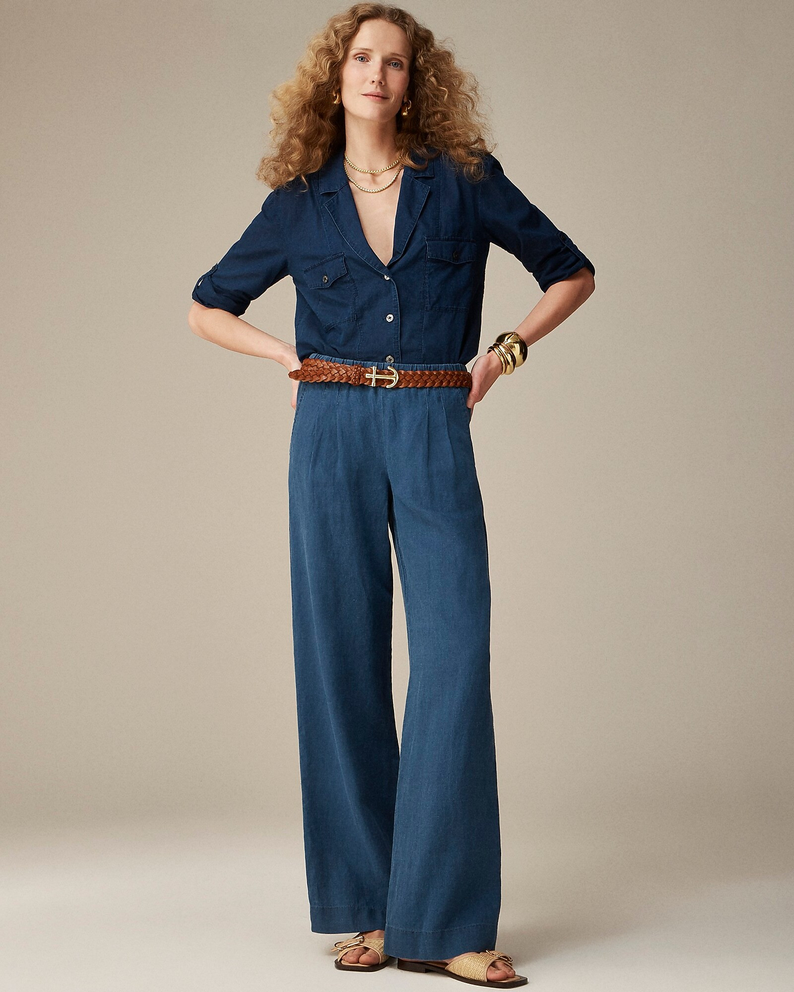 Pleated pull-on pant in indigo linen blend | J. Crew US