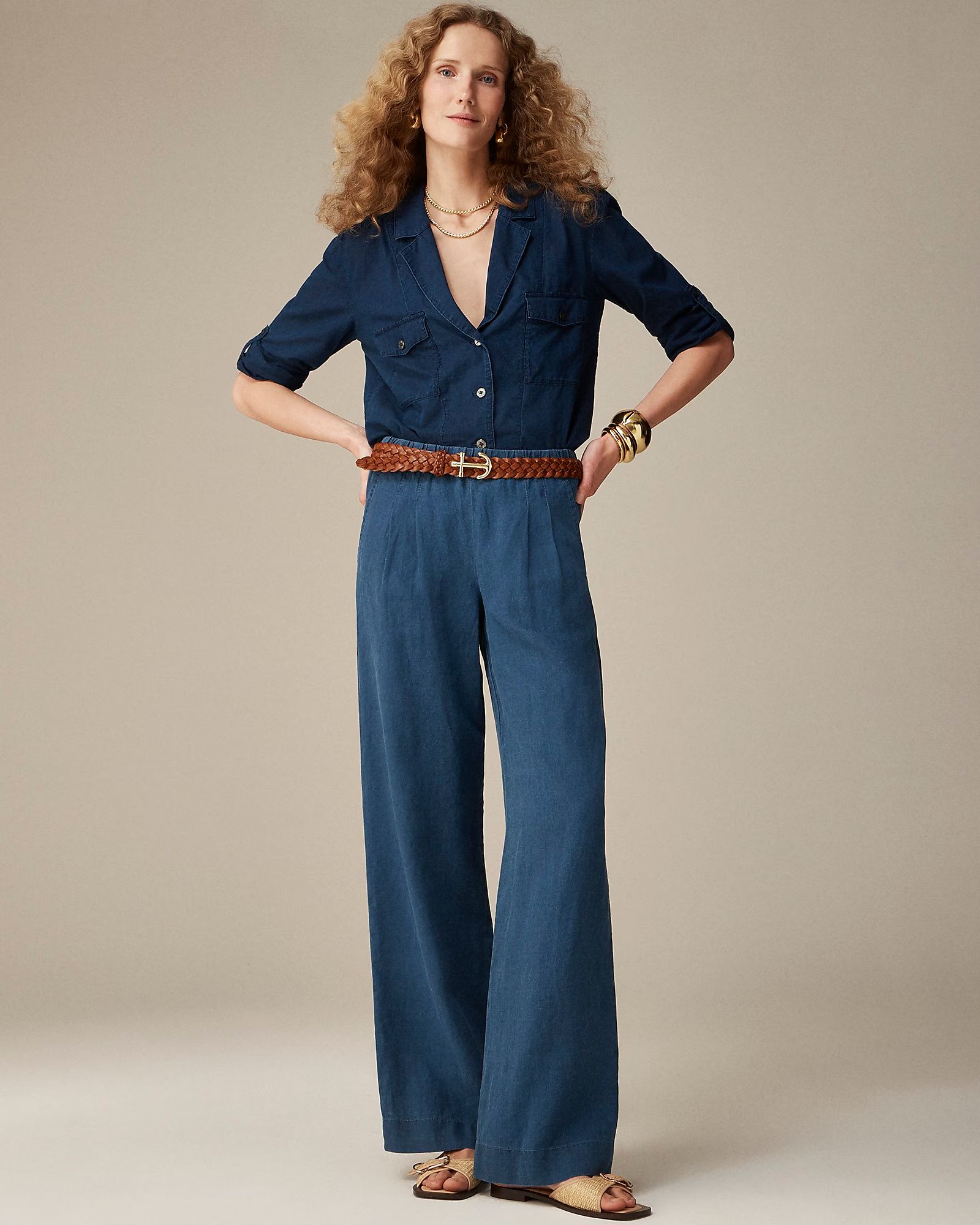 Shop this looknewPleated pull-on pant in indigo linen blend$158.00Mista WashSelect a sizeSize & F... | J.Crew US
