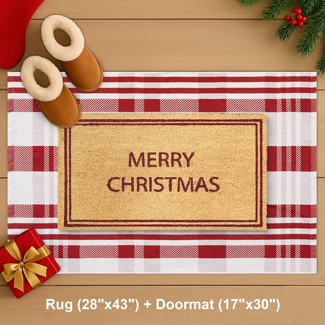 Christmas Door Mat Set 2-Piece, 17"x30" Coir Welcome Mat with 'Merry Christmas' and 28"x43" Red W... | Amazon (US)