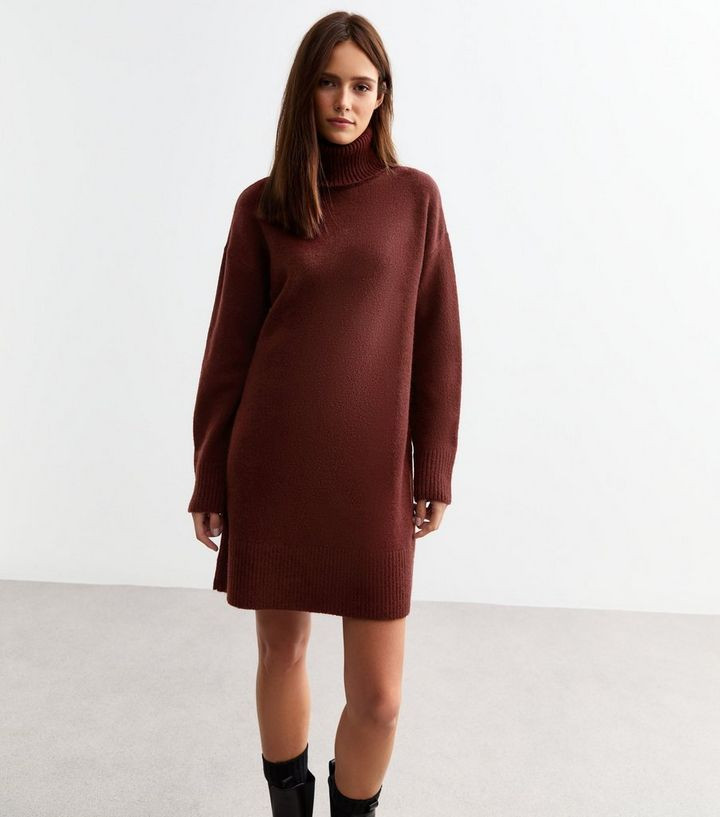 Burgundy Knit Roll Neck Mini Jumper Dress | New Look | New Look (UK)