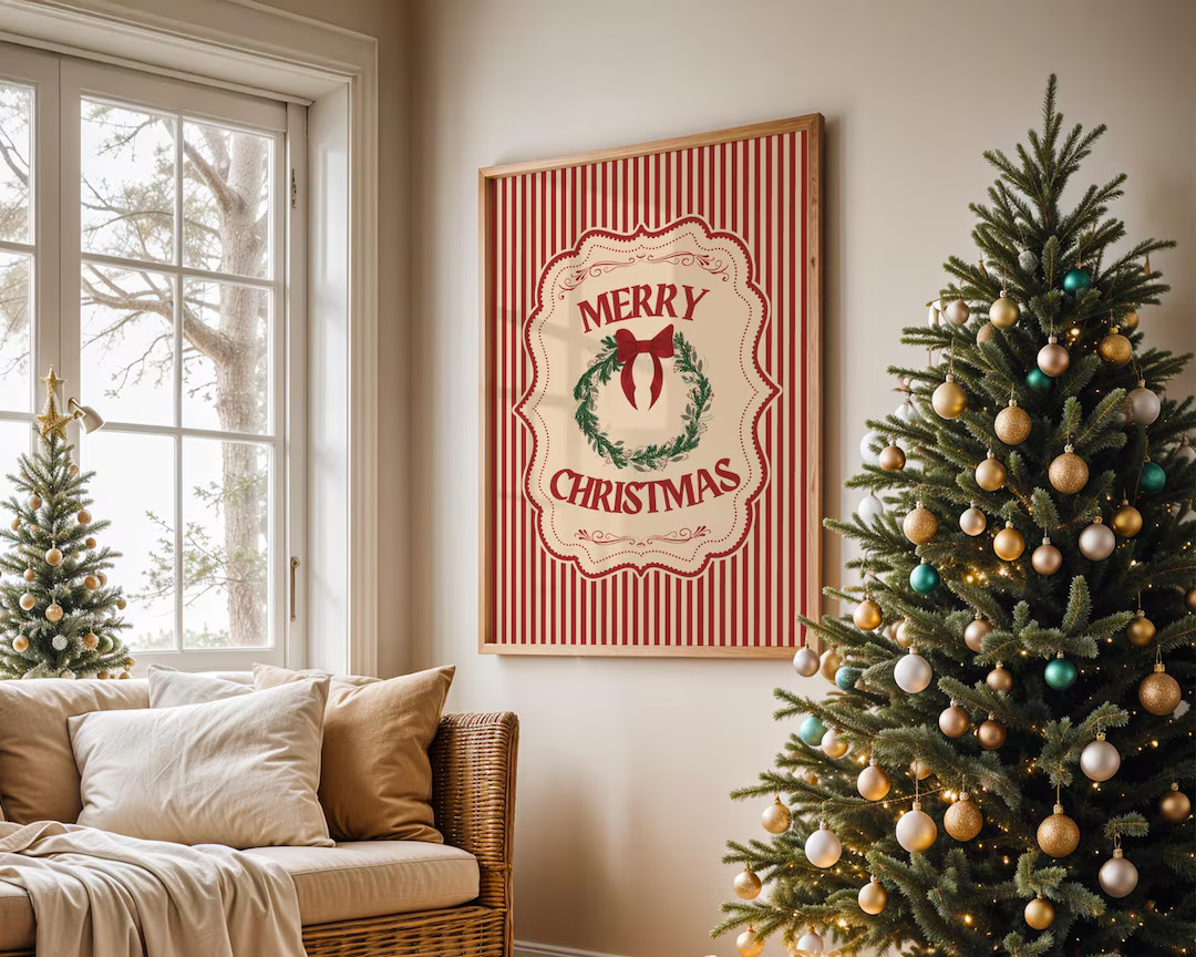 Vintage Christmas Print, Traditional Christmas Art, Candy Cane Stripe, Merry Christmas Wall Art, ... | Etsy (US)