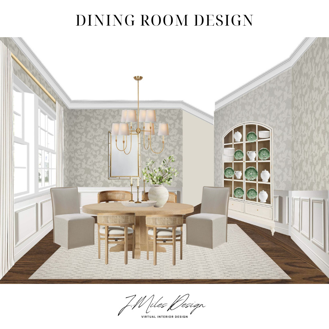 LTK Caption:
Timeless elegance meets everyday livability in this dining room design. ✨ Soft neutral tones, classic wallpaper, and a warm wood dining table set the stage for effortless entertaining. The arched built-in with styled ceramics adds charm, while the gold chandelier brings a touch of modern sophistication. 

 #LTKHome #LTKSaleAlert