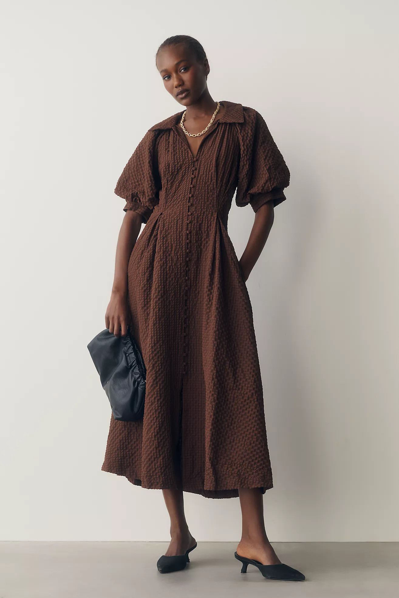 English Factory Puff-Sleeve Textured Midi Shirtdress | Anthropologie (US)