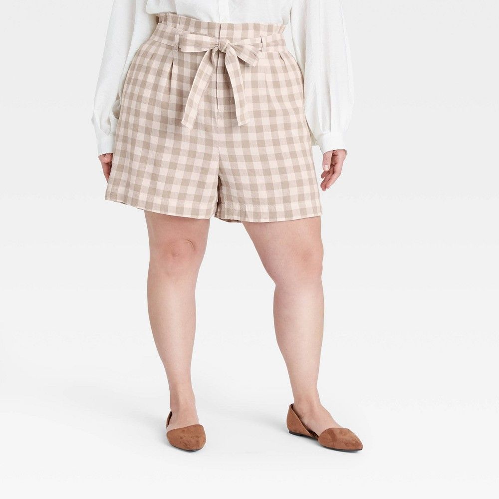 Women's Plus Size Gingham check High-Rise Paperbag Shorts - A New Day Light Brown 4X | Target