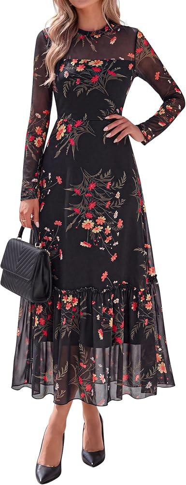 BTFBM Boho Mesh Long Sleeve Dress for Women | Amazon (US)