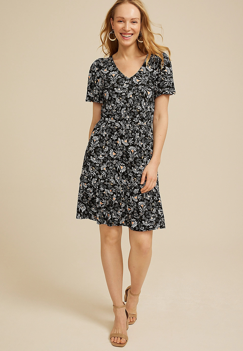 24/7 Printed V Neck Tiered Mini Dress | Maurices