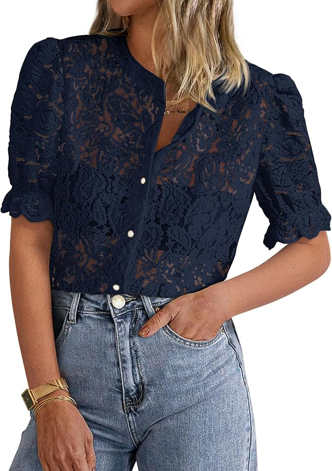 PRETTYGARDEN Womens 2025 Spring Lace Tops Short Puff Sleeve Casual Dressy Blouses Eyelet Crew Nec... | Amazon (US)