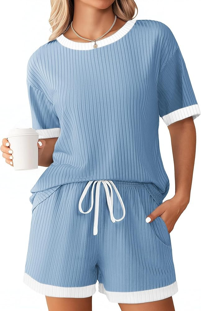 Ekouaer Women Ribbed Knit Pajama Sets, 2 Piece Short Sleeve Top and Shorts Soft Pjs Sleepwear wit... | Amazon (US)