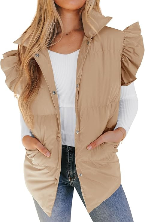 Valphsio Women's Puffer Vests Ruffle Sleeve Winter Button Down Padded Gilet with Pockets | Amazon (US)