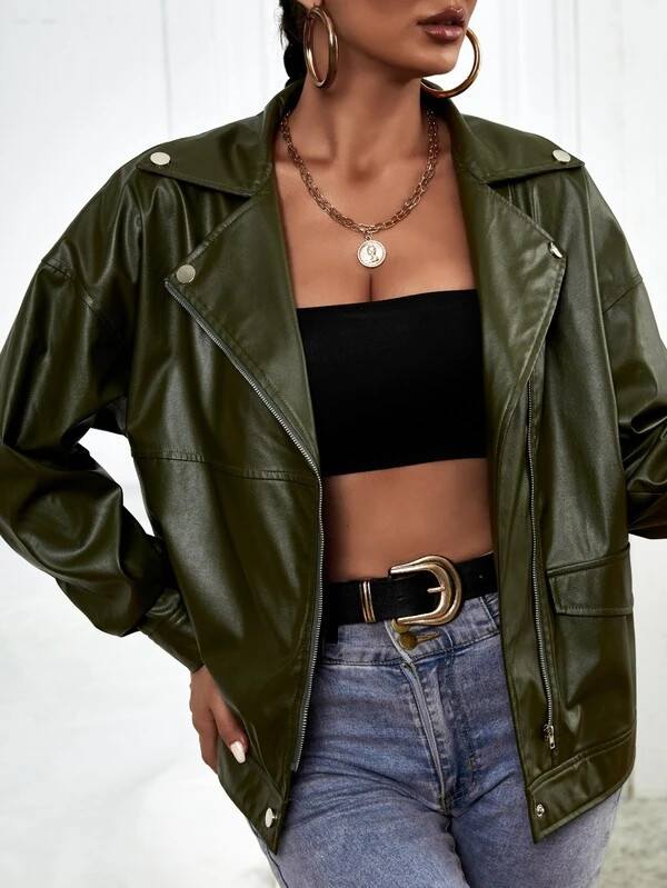 Drop Shoulder Zipper PU Leather Moto Jacket | SHEIN