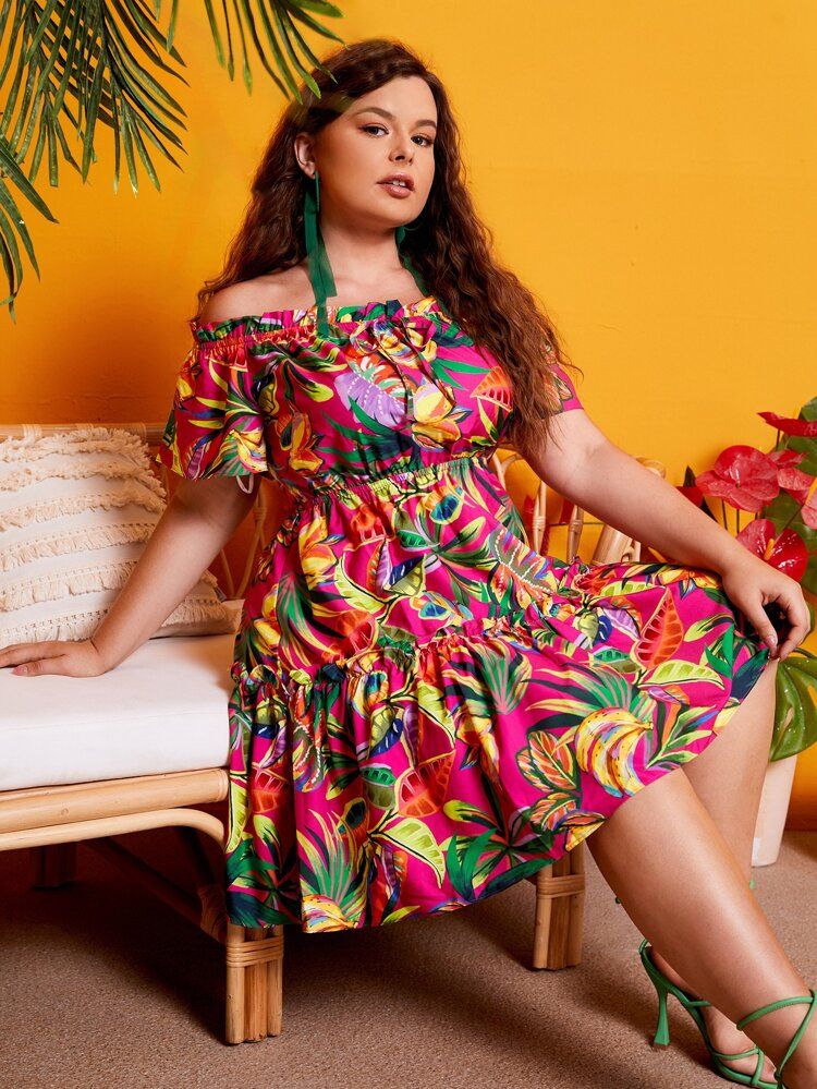 SHEIN Plus Tropical Print Off Shoulder Ruffle Hem Dress | SHEIN