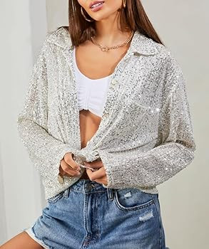 Sequin Button Front Shirt Women’s Dinner Blouse Silver Sequin Tops Sparkly Button Up Shirt Coll... | Amazon (US)