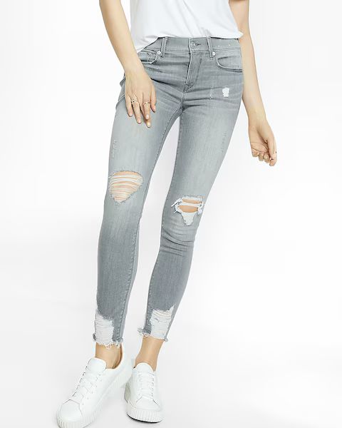 Gray Mid Rise Destroyed Stretch Ankle Jean Leggings | Express