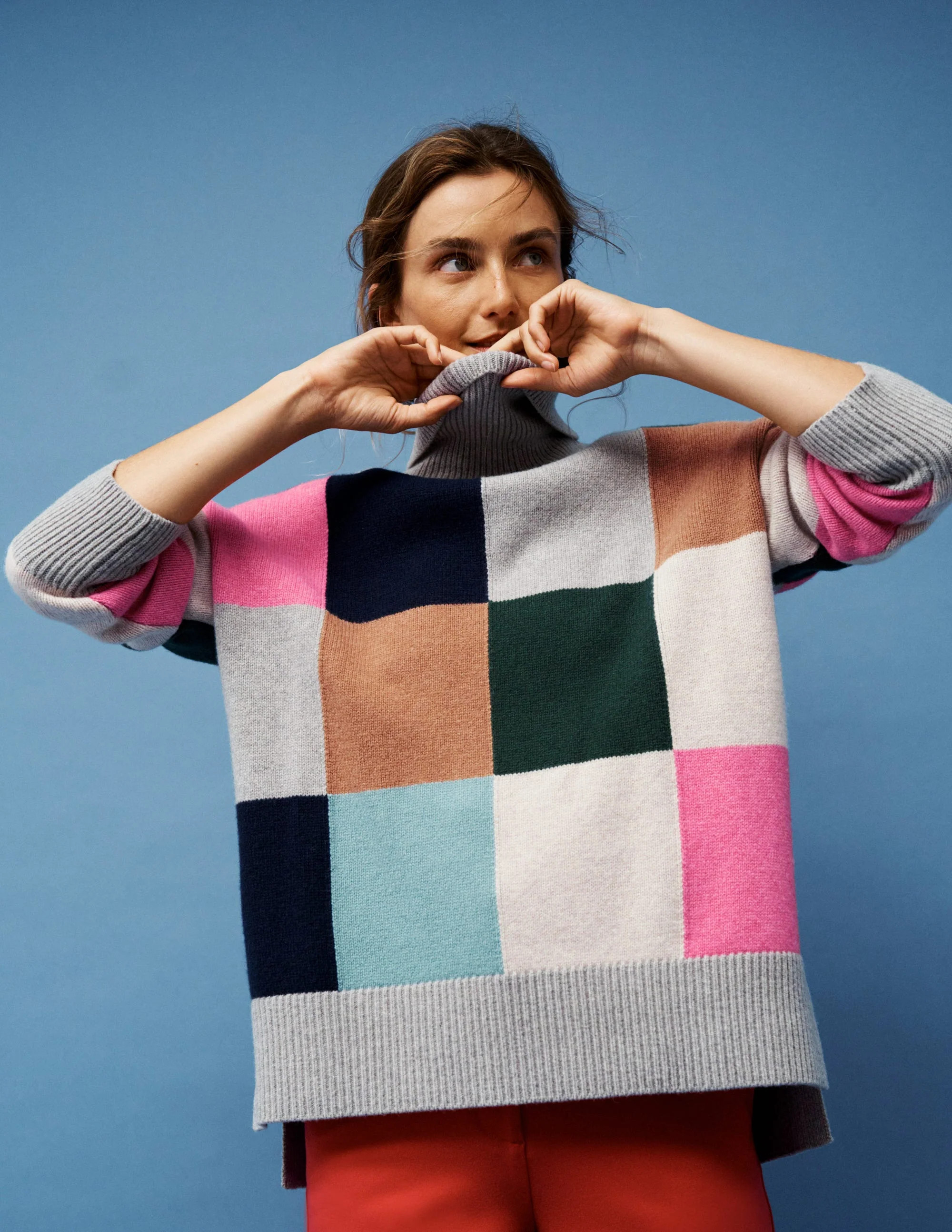 Polly Merino Roll Neck Jumper-Grey Marl Check Female Boden | Boden UK