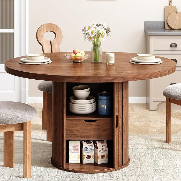 47 inch Round Dining Table for 4, Circle Kitchen Table with 2-Layer Storage Shelf and a Drawer, M... | Amazon (US)