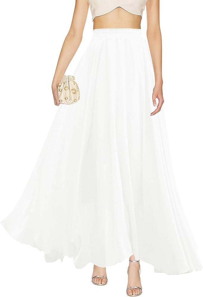 v28 Women Full/Ankle Length Elastic Pleated Retro Maxi Chiffon Long Skirt | Amazon (US)