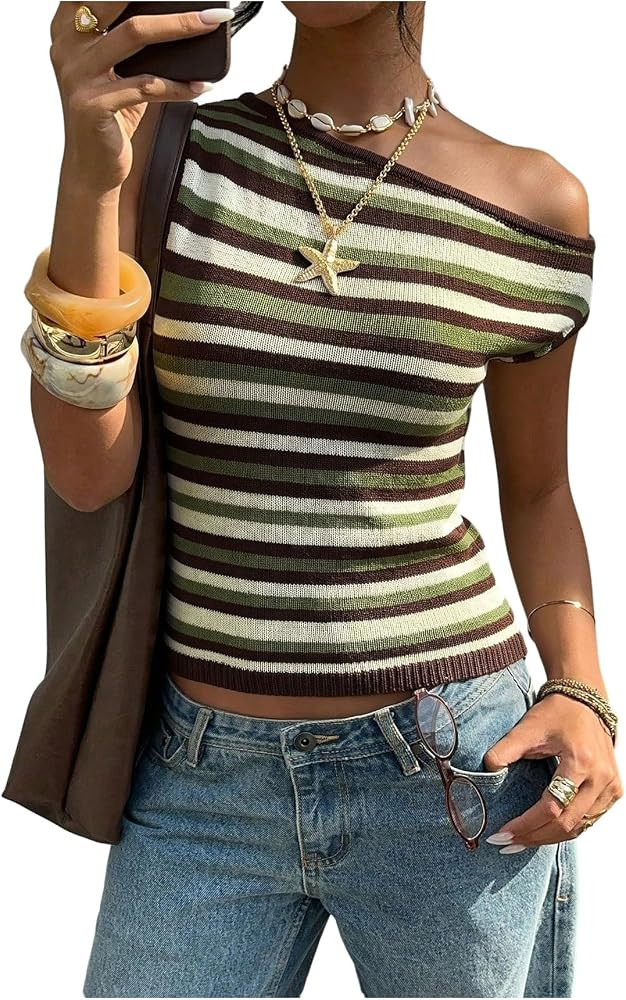 MakeMeChic Women's Striped Off The Shoulder Tank Top Sweater Knit Y2K Top | Amazon (US)