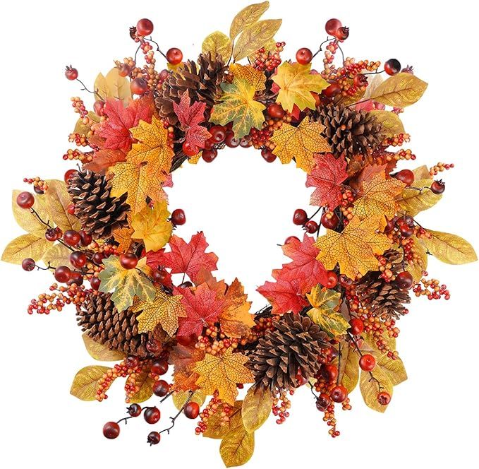 Fall Wreaths for Front Door Outside, 24” Artificial Fall Door Wreath for Wall Window Wedding Pa... | Amazon (US)