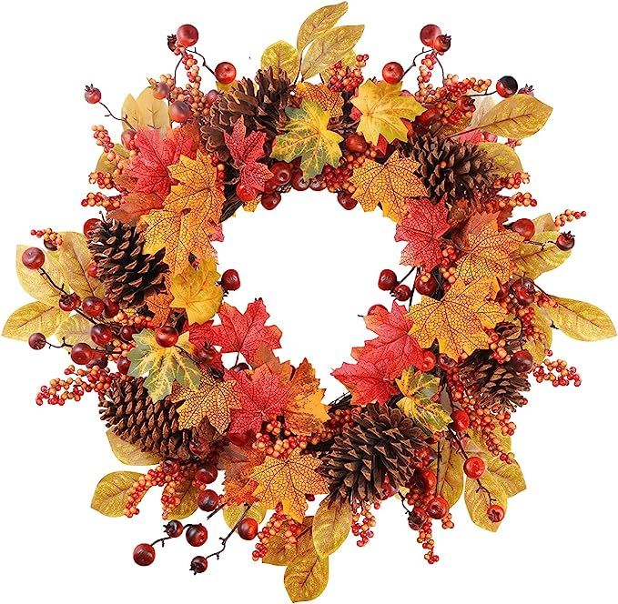 DDHS Fall Wreaths for Front Door Outside, 24” Artificial Fall Door Wreath for Wall Window Weddi... | Amazon (US)