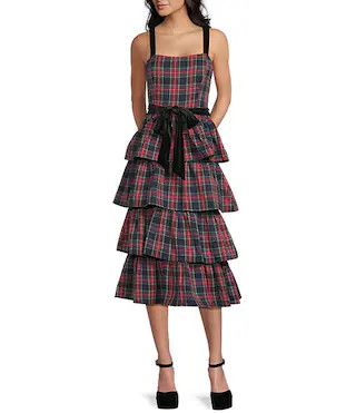 Plaid Printed Square Neck Tie Waist Tiered Dress | Dillard's
