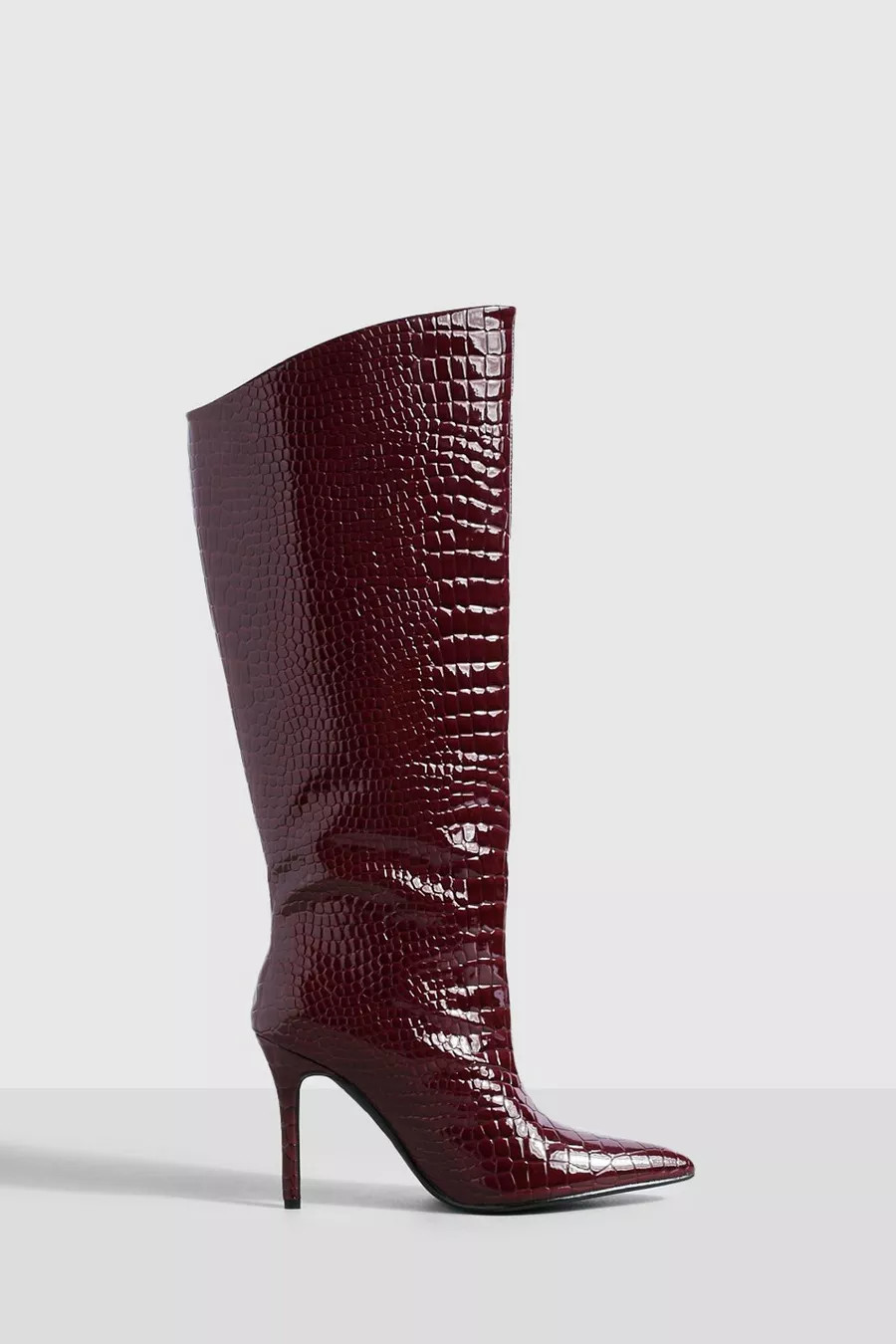 Asymmetric Croc Mid Height Stiletto Knee High Boots | Boohoo.com (UK & IE)