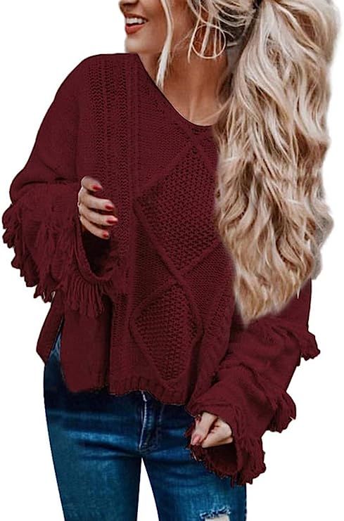 WAWJIR Women Soft Fringe Bell Sleeve Cable Knit V Neck Boho Sweater Casual Oversized Pullover Cro... | Amazon (US)