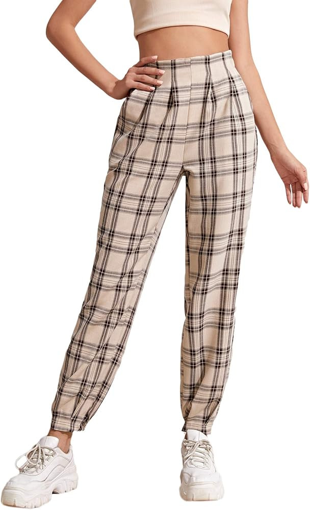 WDIRARA Women's Plaid Elastic High Waist Casual Tartan Pants with Pockets | Amazon (US)