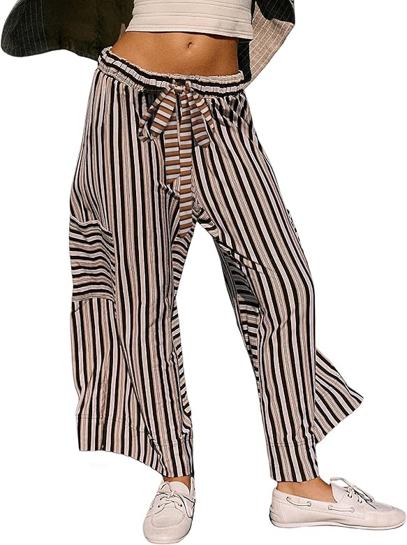 Bankeng Women Drawstring Striped Pants Loose Wide Leg Lounge Pants Casual Palazzo Pants Trousers ... | Amazon (US)
