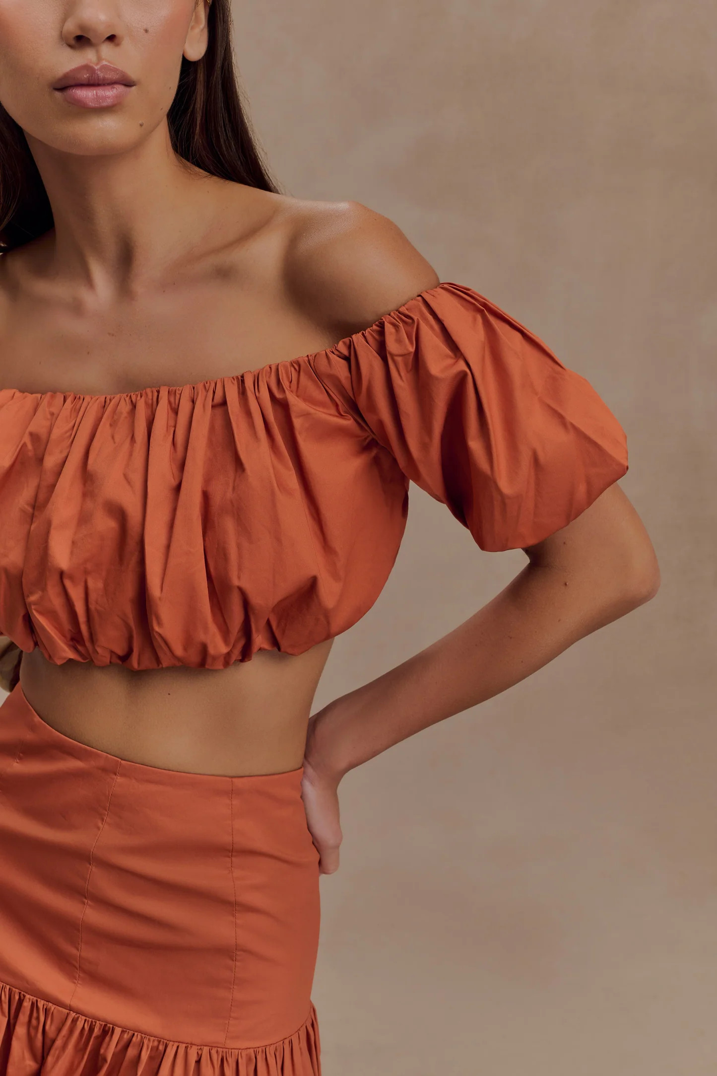 Autumn Off Shoulder Bubble Top - Burnt Orange | MESHKI US