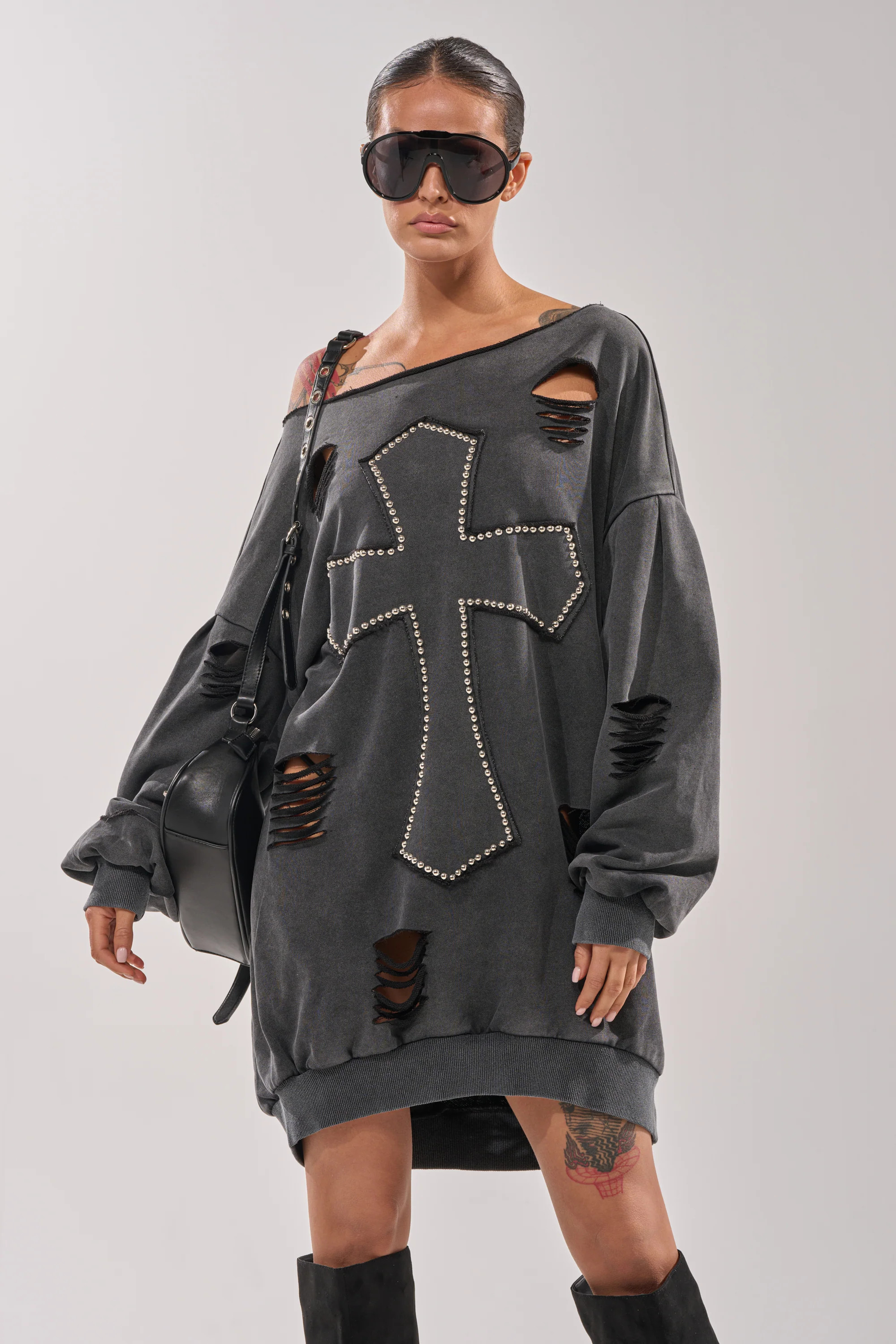 AKIRA Lex Studded Mini Sweatshirt Dress | Size Small/Medium | AKIRA