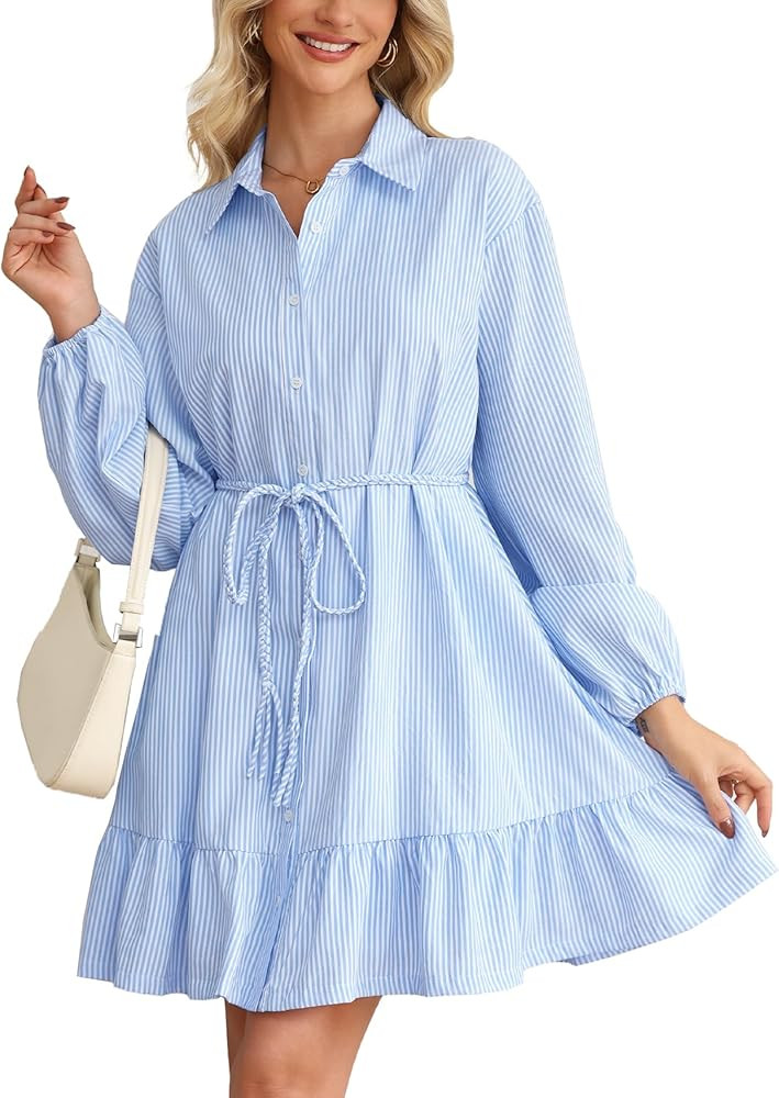 Women Striped Shirt Mini Dress Long Sleeve Button Down Lapel Collared Ruffle Hem Tunic Belted Dre... | Amazon (US)