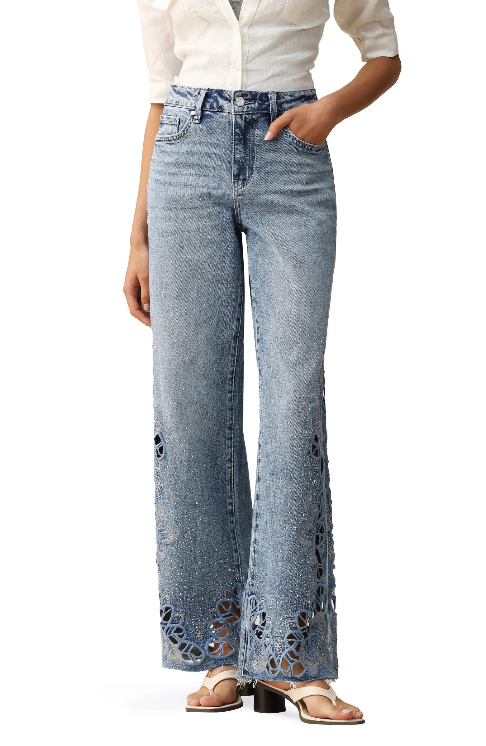 Floral Embroidered Raw Hem Wide Leg Jeans | Nordstrom