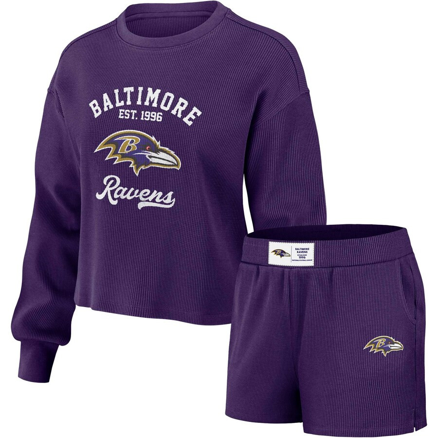 Baltimore Ravens WEAR by Erin Andrews Women's Waffle Knit Long Sleeve T-Shirt & Shorts Lounge Set... | Fanatics