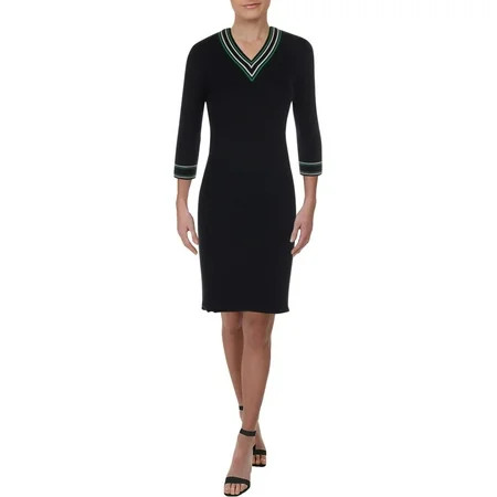 Lauren Ralph Lauren Womens Petites Ribbed Knit Contrast r Casual Dress Navy PM | Walmart (US)