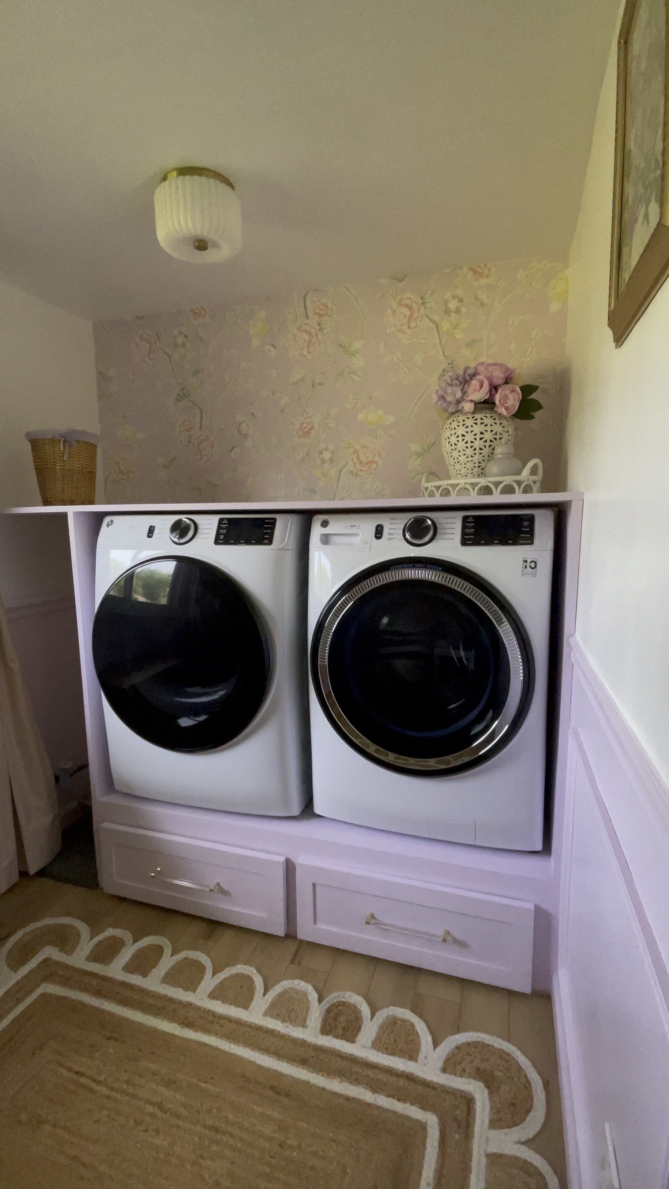 Lavender laundry room | washer and dryer | makeup vanity | wallpaper 

#LTKHome #LTKBeauty #LTKVideo