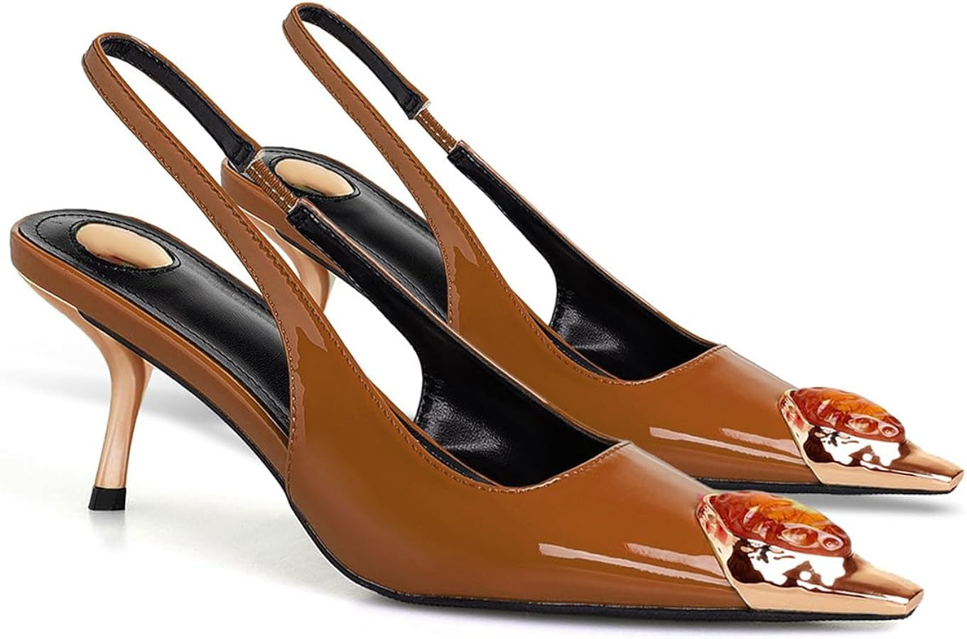 Amazon.com | THESHY Womens Slingback High Heels Metal Pointed Toe Stiletto Heels Gems Embellished... | Amazon (US)