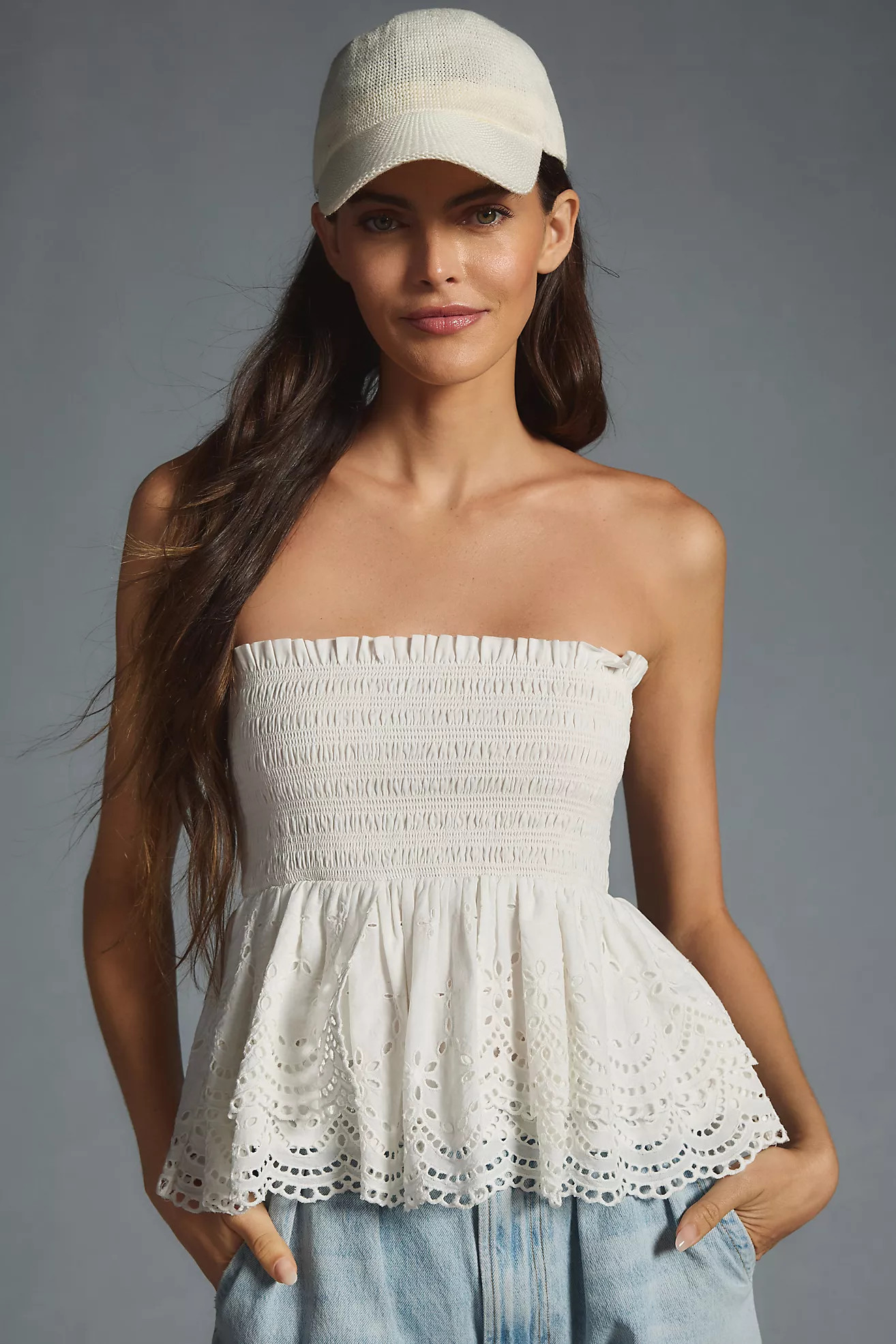 Forever That Girl Smocked Eyelet Peplum Tube Top | Anthropologie (US)
