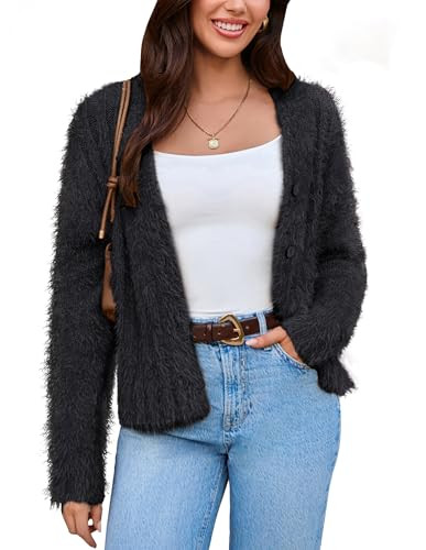 GRACE KARIN Women's Fuzzy Cardigan Long Sleeve Open Front V-Neck Button Down Loose Knit Sweater O... | Amazon (US)