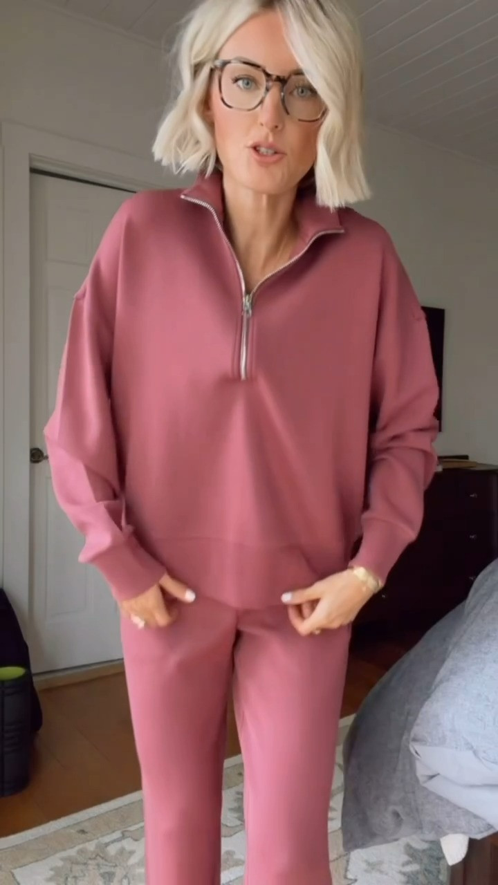 This rosy pink matching set is so good- it comes in several colors and you can easily elevate it with a trench coat over it for travel!Wearing S in pullover & XS in pants

Loverly grey, varley matching set, pink matching lounge set, work from home outfit, travel airport look, quarter zip pullover 

 #LTKSeasonal