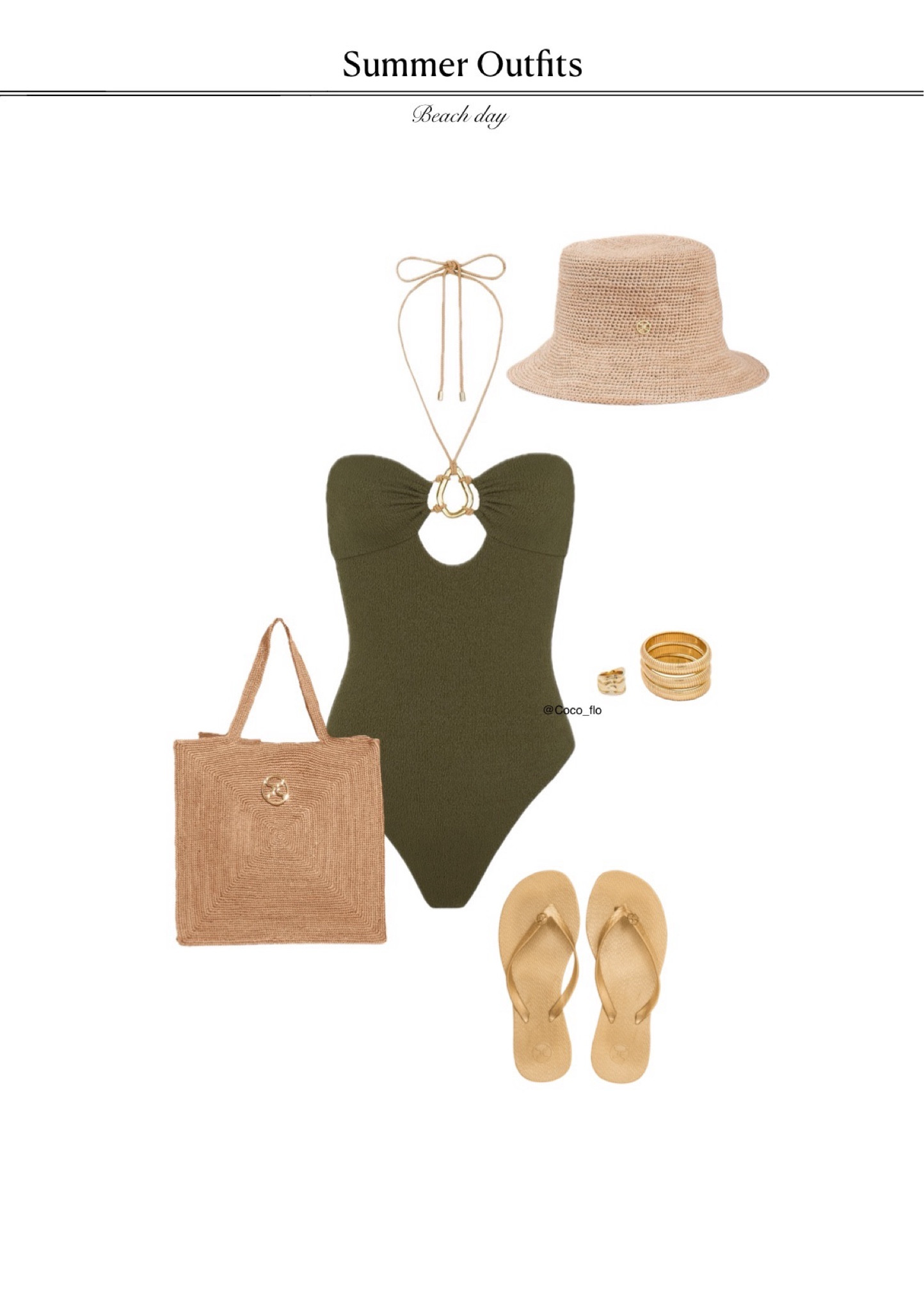 Beach/Pool outfit 
Khaki swimsuit with accessories 

#LTKsummer #LTKtravel #LTKswimwear