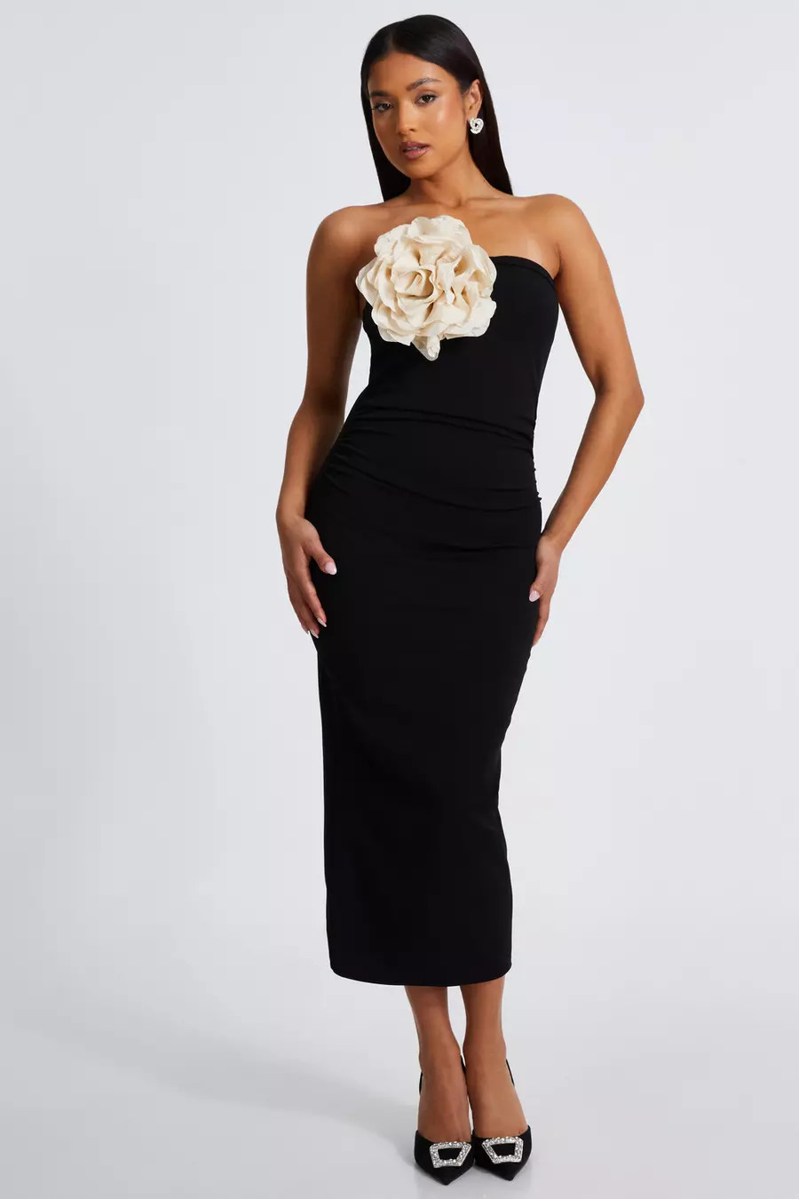 Petite Black Corsage Midaxi Dress | Quiz Clothing