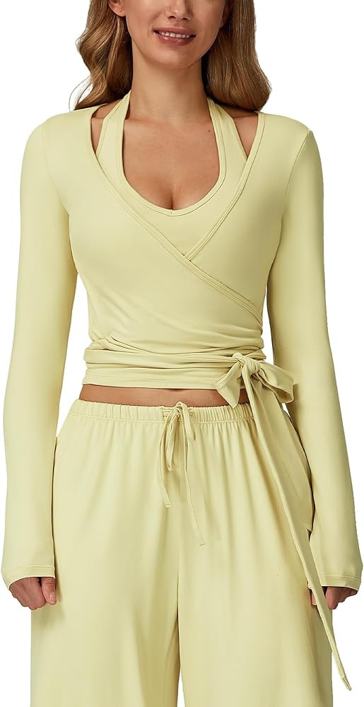 ABOCIW Women Ballet Wrap Top Long Sleeve Self Tie Workout Pilates Yoga Wrap Tops Ballet Cover Up ... | Amazon (US)